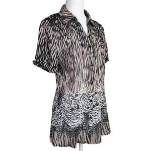 Vintage 90s Fashion Bug black & cream crinkle sequin short sleeve top womens M